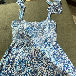 Lilly Pulitzer Kailua Pink Peony & Blue Seashell smocked mini dress